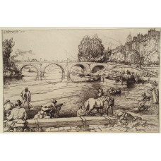 L'Abreuvoir au Pont Marie' Paris. Boatmen and horses by Seine.