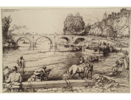 L'Abreuvoir au Pont Marie' Paris. Boatmen and horses by Seine.