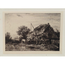 'Paysage Chaumiere' Cottage by pond with horse and well.