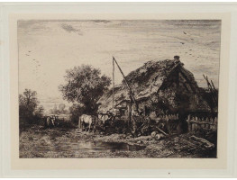 'Paysage Chaumiere' Cottage by pond with horse and well.