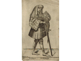 Engraved Portrait of 'Joannes Hollandiae' John I Full Length, in armour holding sword and shield.