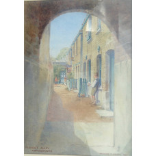 'Fisher's Alley Wandsworth' Two boys with fishing nets in front of terraced houses.