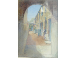 'Fisher's Alley Wandsworth' Two boys with fishing nets in front of terraced houses.