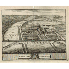 Bird's Eye View of  the Country House, Hampton Court showing house, gardens and woodland after J. Kip by Pieter Van der Aa  [1659-1733].