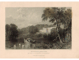 View of  the Country House, Wynward Seat of Marquess of Londonderry, after T. Allom by W. Floyd. Ceremonial rowing boat on river.