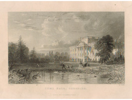 View of  the Country House, Lyme Hall, after T. Allom by J. Lewis. Figures by lake.