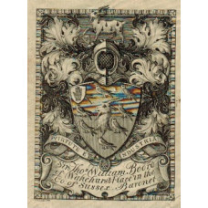 Armorial Bookplate of Thomas William Boord, Baronet  of Wakehurst Place in Sussex, coat of arms  with crest, and motto Virtute et Industria.