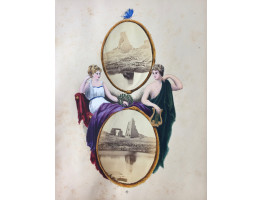 Each leaf has decorative frames exquisitely executed in watercolour, incorporating birds, animals, flowers, butterflies, women, hunting scenes, signed with monogram BSC, to take photographs of family, buildings and paintings, (some  without photographs pa