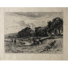 'Le Vieux Pont de St Cloud', Two figures by bridge with trees, after Theodore Rousseau.