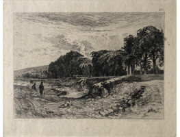 'Le Vieux Pont de St Cloud', Two figures by bridge with trees, after Theodore Rousseau.