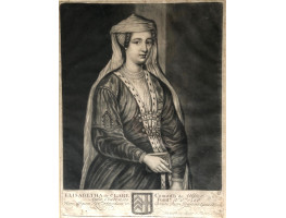 Engraved Portrait of Elisabetha de Clare Comtissa de Ulster, Three-quarter length, wearing veil and holding book by John Faber [c.1660-1721].