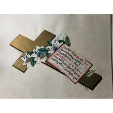 Gold Cross with flowers and book with Biblical verse, starting, with Luke 23 24, 'Father forgive them, for They Know not what they do'