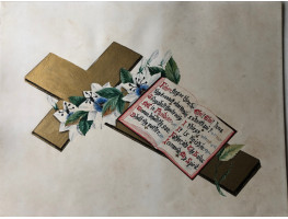 Gold Cross with flowers and book with Biblical verse, starting, with Luke 23 24, 'Father forgive them, for They Know not what they do'