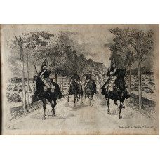 'Entre Sierck et Thionville 1er ao?t 1870'. Mounted soldiers on tree-lined road through harvest fields.