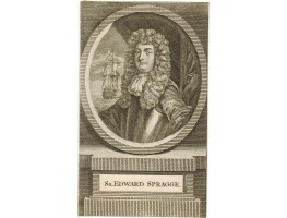 Engraved Portrait of Spragge, half length, in uniform, in oval on pedestal.