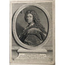 Engraved Portrait of Parrocel, Head and shoulders with easel, within oval, with tablet below, after Rigaud By G.F. Schmidt [1712-1775].