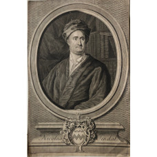 Engraved Portrait of Tindal, Half Length, books behind, in oval frame, on pedestal with coat of arms, after George Knapton [1698-1778] by George Vertue.