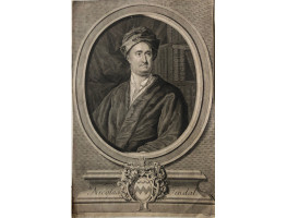 Engraved Portrait of Tindal, Half Length, books behind, in oval frame, on pedestal with coat of arms, after George Knapton [1698-1778] by George Vertue.
