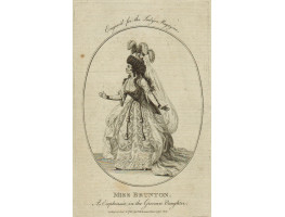 Engraved Portrait of Mrs Merry, as Euphrasia in The Grecian Daughter, Full-Length, with crown and feathers, and train.to left, in oval,