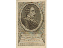Engraved Portrait of Duke of Portland. Head and Shoulders, to right, in wig, in oval, on pedestal.