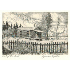 'Out of the Past' Log Cabin with mountains in background, fence in foreground.