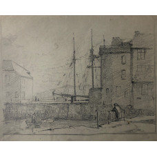 Harbour with sailing ship.