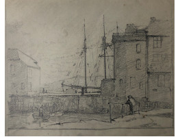 Harbour with sailing ship.