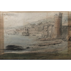 Mediterranean harbour scene with castle and ships. '6602' at foot in centre, annd ?'33' in bottom left corner. Mediterranean harbour scene with castle and ships. '6602' at foot in centre, annd ?'33' in bottom left corner.