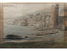 Mediterranean harbour scene with castle and ships. '6602' at foot in centre, annd ?'33' in bottom left corner.