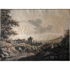 View looking down on Chateau of Lausanne, seated woman with goats, two packhorses coming up hill.