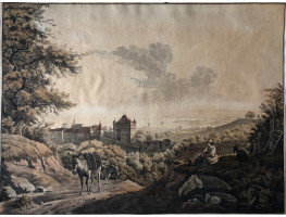 View looking down on Chateau of Lausanne, seated woman with goats, two packhorses coming up hill.
