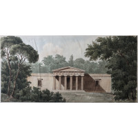 Elevation for Classical Garden Temple, surrounded by trees. Pediment with six pillars, and two windows.