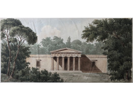 Elevation for Classical Garden Temple, surrounded by trees. Pediment with six pillars, and two windows.