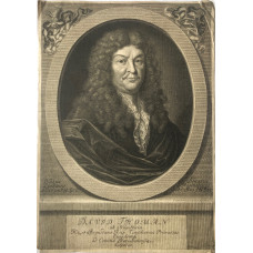 Head and Shoulders Portrait of David Thoman, in wig and lace collar, in oval on pediment with name tablet, after Frans de Neve by Elias Hainzelmann [1640-1693]