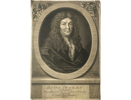 Head and Shoulders Portrait of David Thoman, in wig and lace collar, in oval on pediment with name tablet, after Frans de Neve by Elias Hainzelmann [1640-1693]