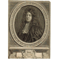 Head and Shoulders Portrait of Louis Urbain Lefevre , in wig and lace collar, in oval on pediment with coat of arms, after F. de Troy [1645-1730] by Cornelis Vermeulen [1654-1708].