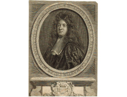 Head and Shoulders Portrait of Louis Urbain Lefevre , in wig and lace collar, in oval on pediment with coat of arms, after F. de Troy [1645-1730] by Cornelis Vermeulen [1654-1708].
