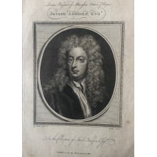 Engraved Portrait of Addison, Head and Shoulders, in wig, in oval, in frame, after Kneller by Goldar.