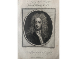 Engraved Portrait of Addison, Head and Shoulders, in wig, in oval, in frame, after Kneller by Goldar.