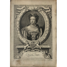 Engraved Portrait of Queen Anne, Half Length, wearing crown, in oval, on pedestal, after Kneller by M. van der Gucht.