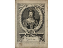 Engraved Portrait of Queen Anne, Half Length, wearing crown, in oval, on pedestal, after Kneller by M. van der Gucht.