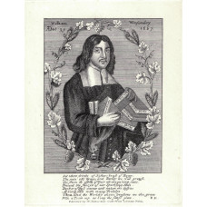 Engraved Portrait of Winstanley, when 39, Three quarter Length, holding books, in floral oval,
