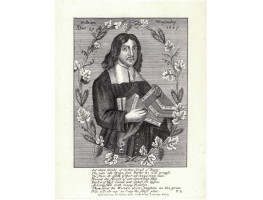 Engraved Portrait of Winstanley, when 39, Three quarter Length, holding books, in floral oval,