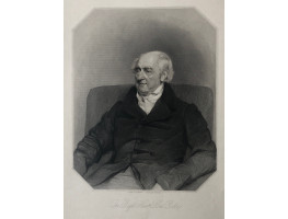 Engraved Portrait of Lord Rolle Half-Length, seated to left, in octagonal frame, after Cruikshank by H.T. Ryall.