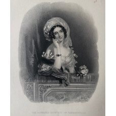 Engraved Portrait of Dowager Countess of Tankerville, Half Length, elbow on balcony, after A. Chalon by W. Hollis.