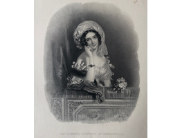 Engraved Portrait of Dowager Countess of Tankerville, Half Length, elbow on balcony, after A. Chalon by W. Hollis.
