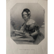 Engraved Portrait of Lady Cornewall Lewis, Three Quarter Length, by desk, in octagonal frame,  after John Hayter by Finden