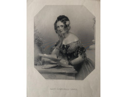 Engraved Portrait of Lady Cornewall Lewis, Three Quarter Length, by desk, in octagonal frame,  after John Hayter by Finden