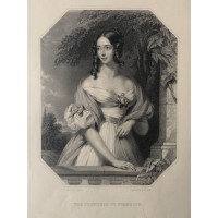 Engraved Portrait of Countess of Stanhope, Three Quarter Length, hand on balustrade, in octagonal frame,  after J. Lucas by W. & F. Holl.