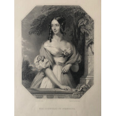 Engraved Portrait of Countess of Stanhope, Three Quarter Length, hand on balustrade, in octagonal frame,  after J. Lucas by W. & F. Holl.
